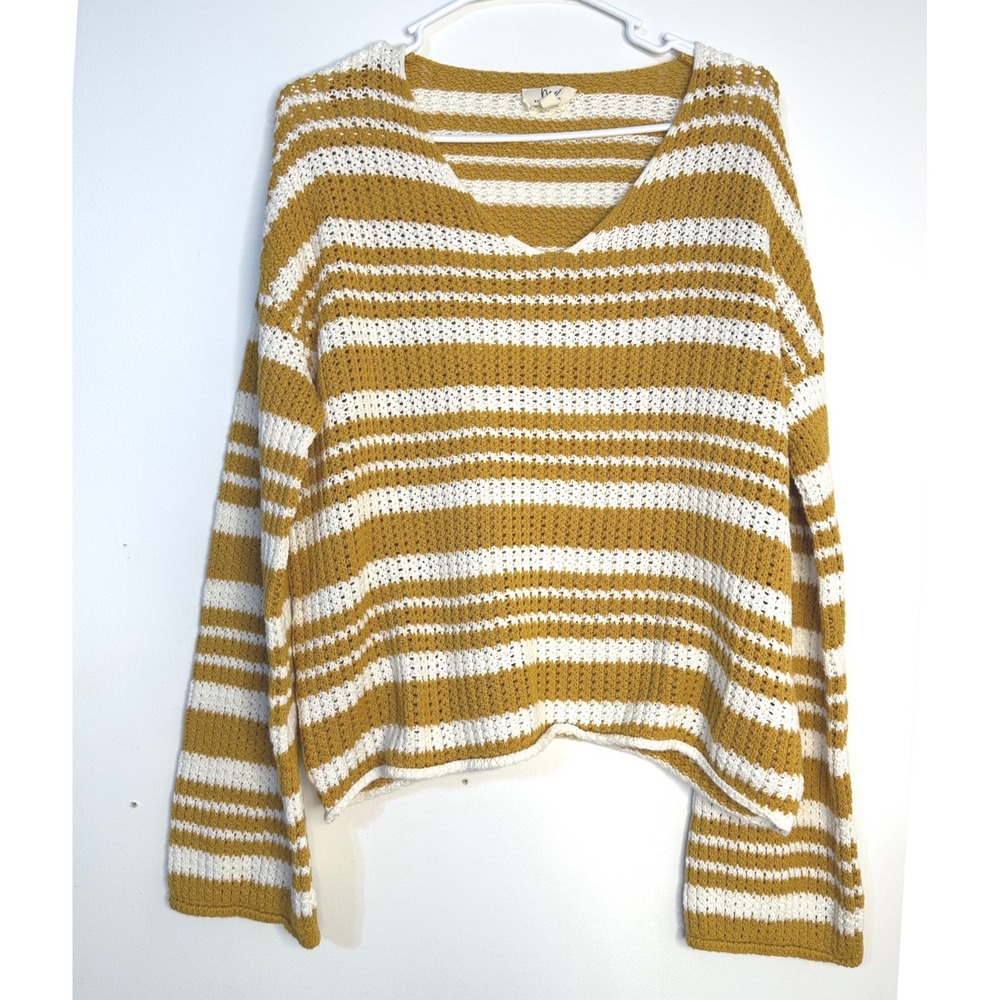 Me by Jennie Garvey Sweater Womens Medium Yellow White Striped Crochet V-Neck
